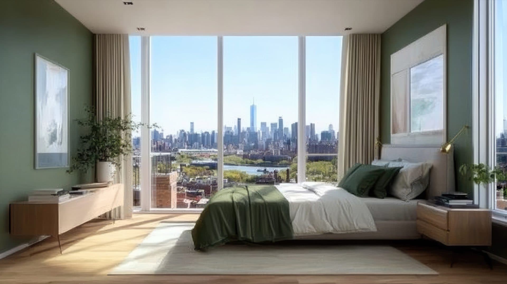 A light-filled Manhattan bedroom with floor-to-ceiling windows