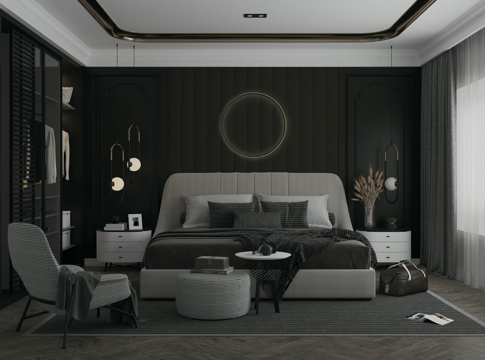 A bedroom with a large bed and an armchair