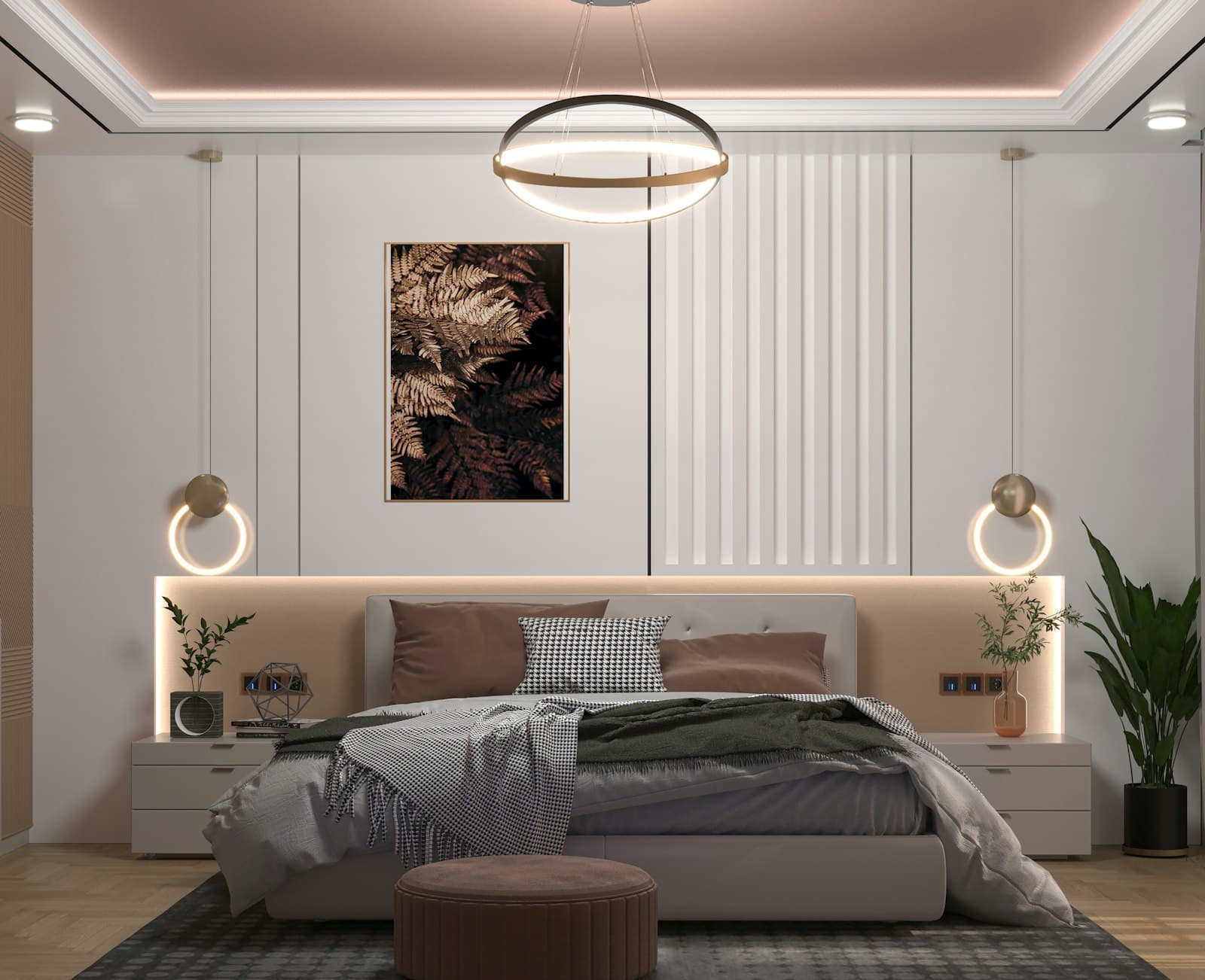 A neatly made bed beneath a framed painting