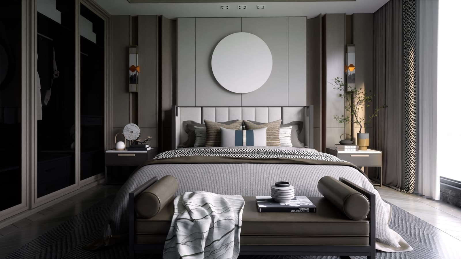 A bedroom with a round mirror above the bed
