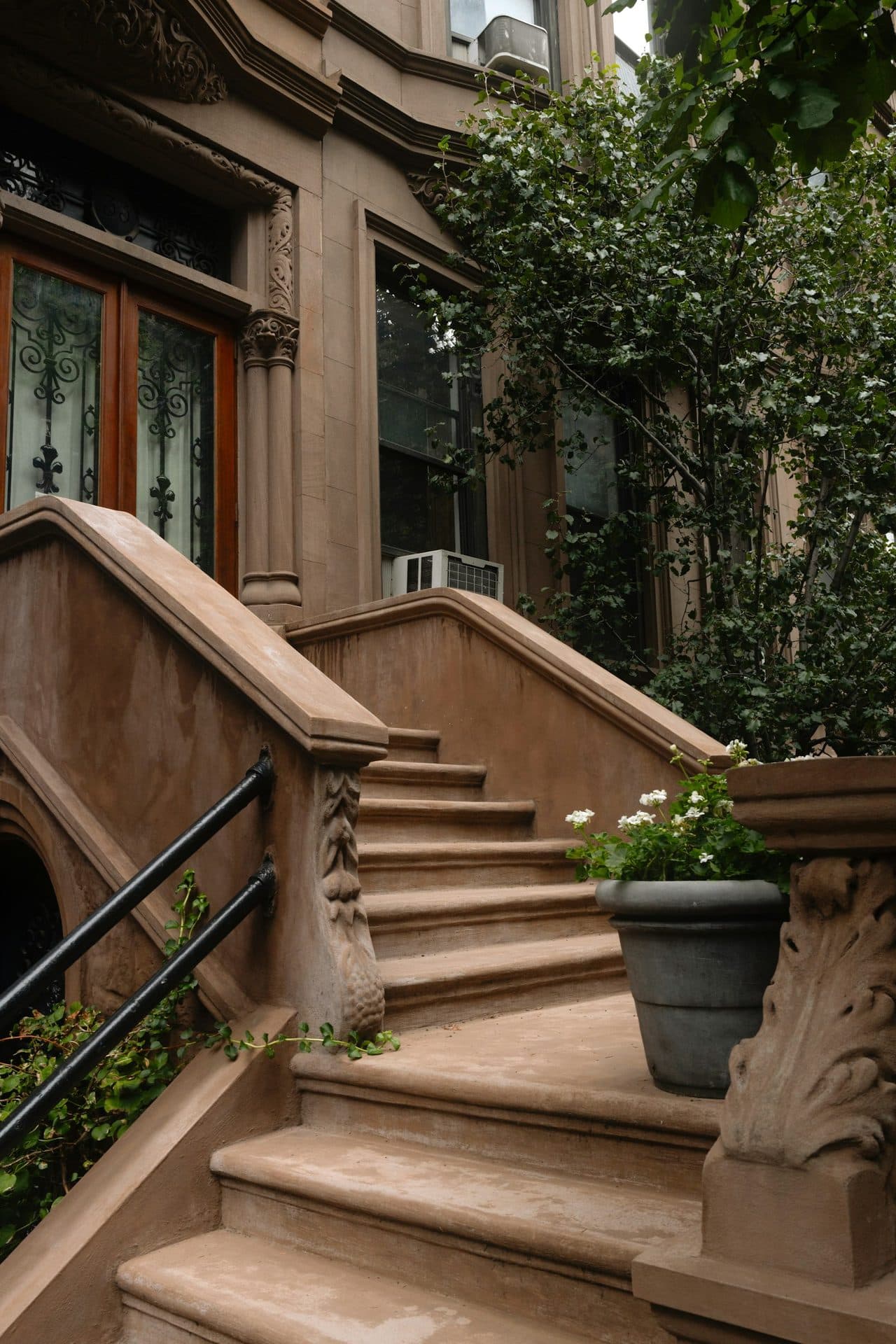 A brownstone stoop with potted plants and street trees