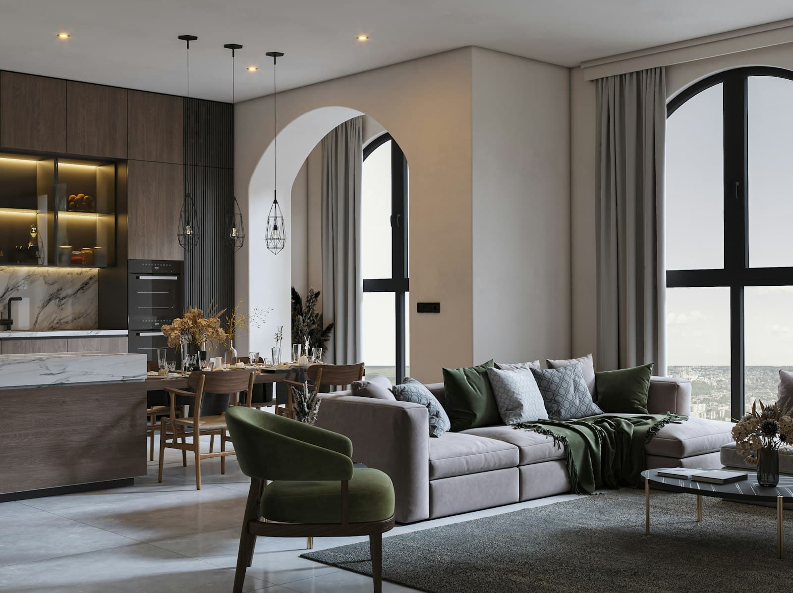 A living room with a large window and abundant natural light