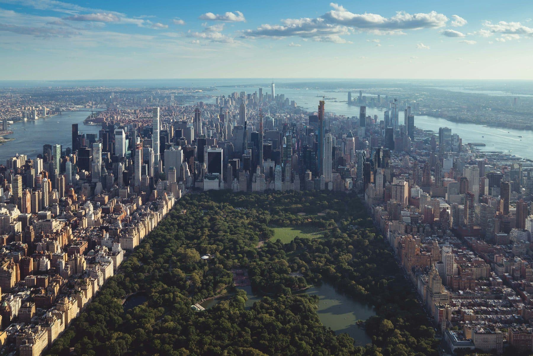 Central Park surrounded by the Manhattan skyline, seen from above