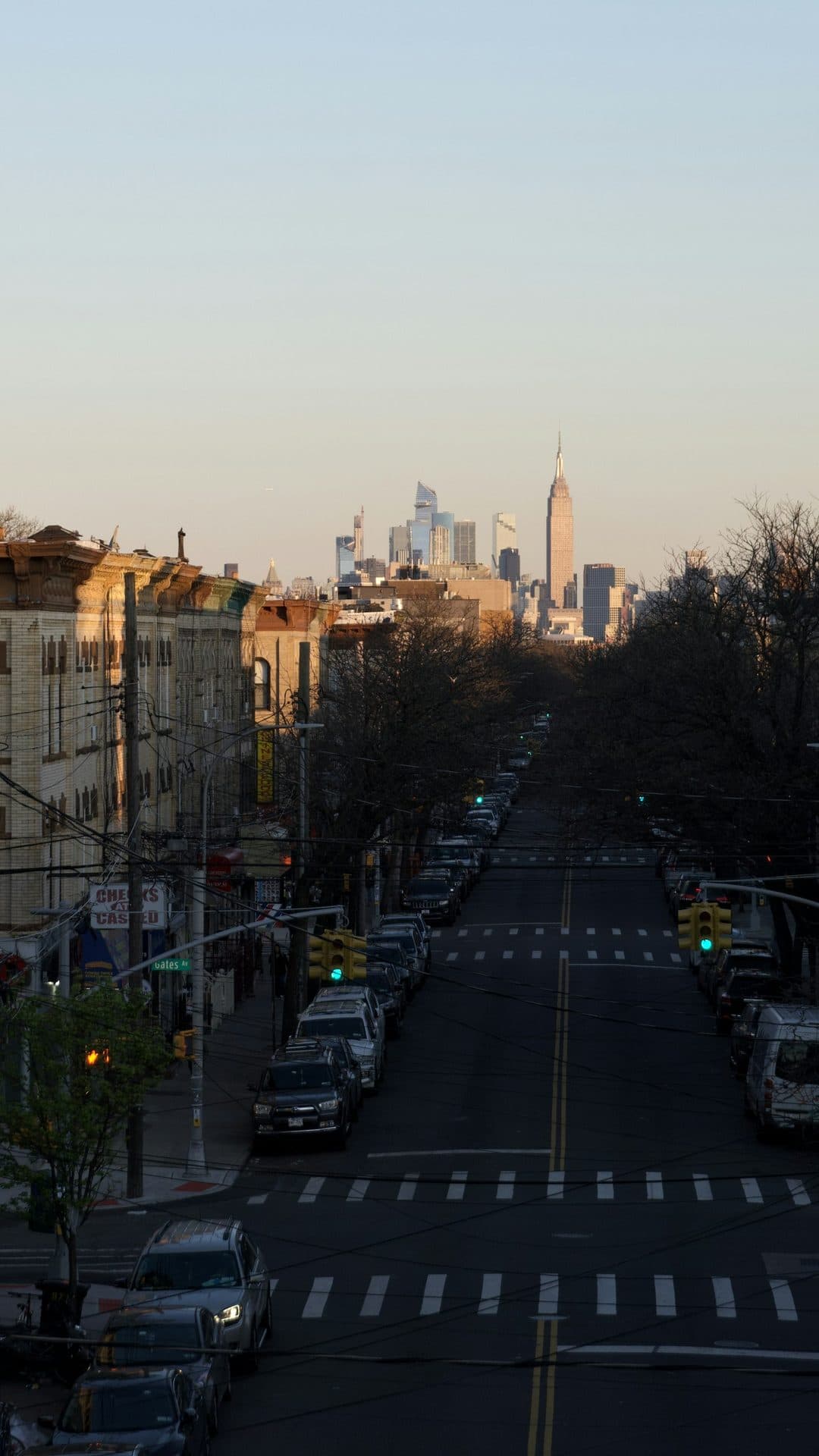 The city skyline seen down a tree-lined street at sunset