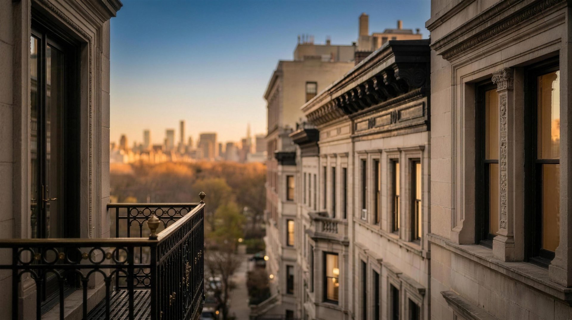 Upper West Side pre-war apartment buildings overlooking Central Park at golden hour
